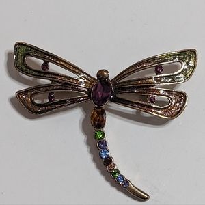 Monet Gold Tone Enamel and Crystal Dragonfly Brooch